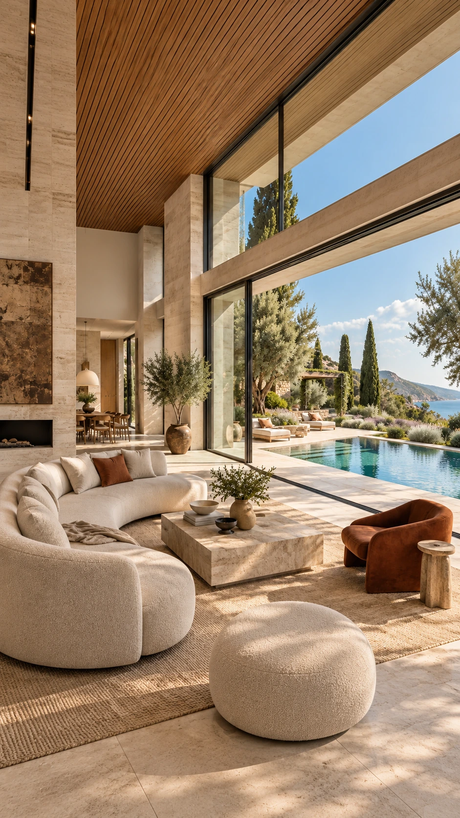Bahçe ve havuza açılan villa iç mekânı