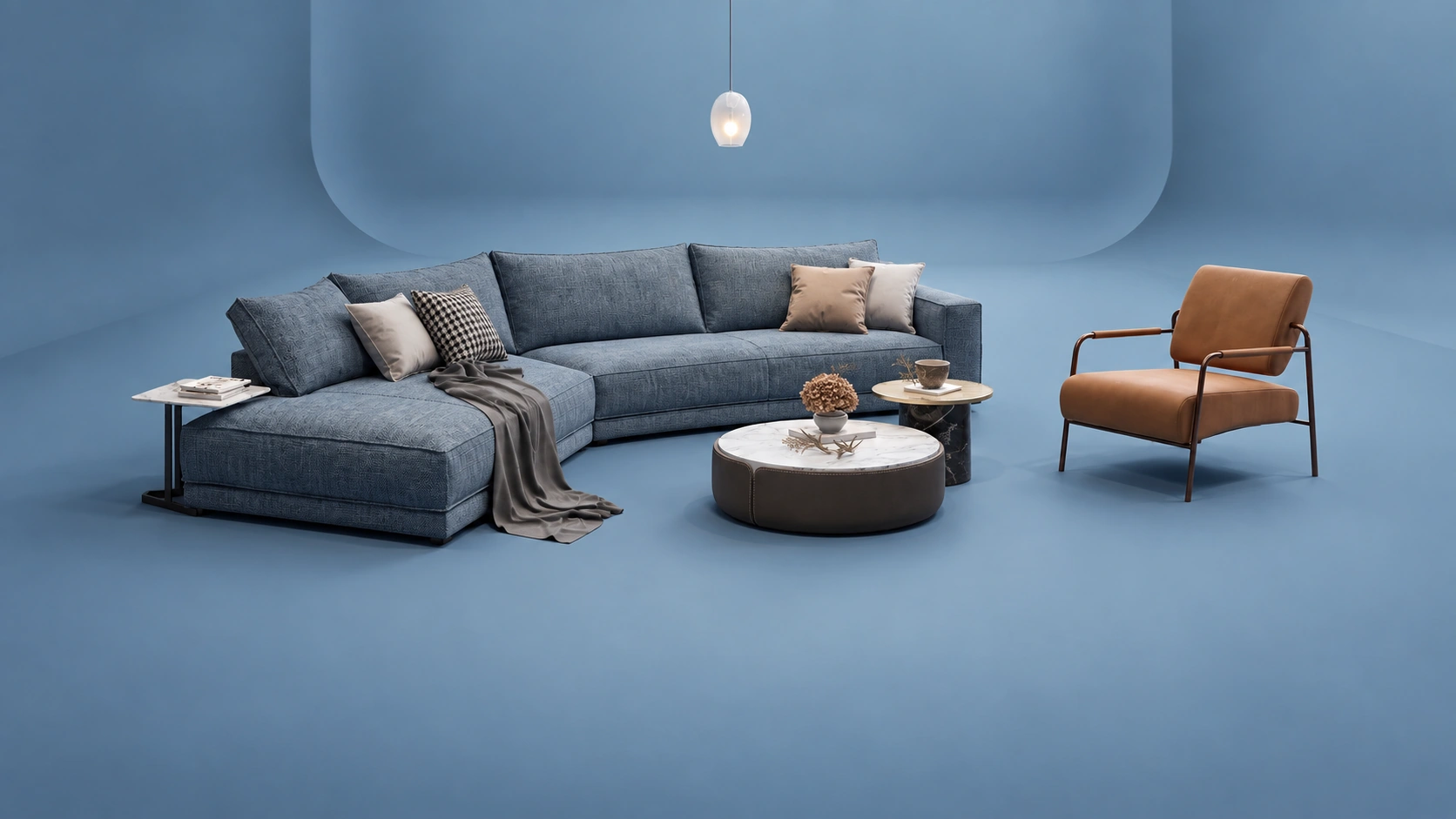 Bloom Co · mavi sonsuz fonda koltuk, karamel berjer ve mermer sehpalar